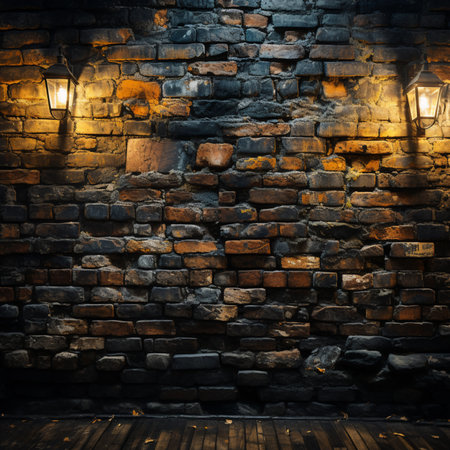 Old brick wall in dark room with wooden floor and lanterns.の素材