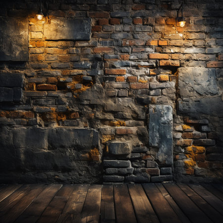 old room with brick wall and wooden floor. vintage interior background.の素材