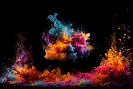 Colorful paint explosion isolated on black background. Abstract cloud of ink.の素材