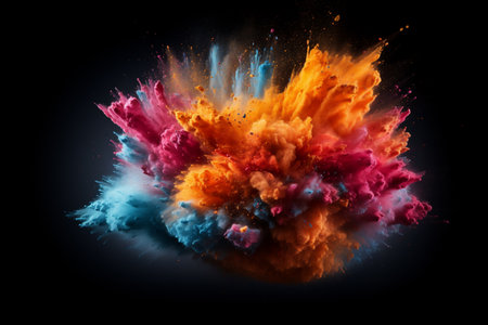 Colorful explosion of paint isolated on black background. 3d renderingの素材