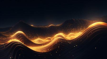 Abstract 3d rendering of wavy surface with golden particles. Futuristic wavy background.の素材