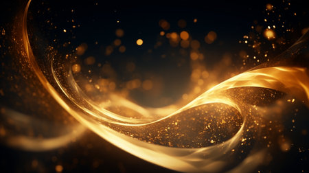 Abstract gold wave with bokeh effect on black background. 3d renderingの素材