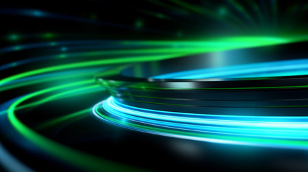 abstract futuristic technology background with blue and green glowing lines. 3d renderの素材