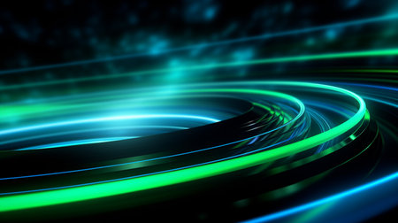 abstract scene with blue and green light curved lines on black backgroundの素材