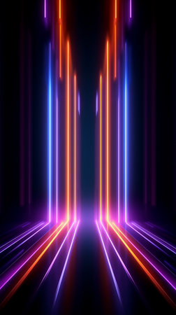 3D abstract background with neon lights. neon tunnel.space construction.の素材