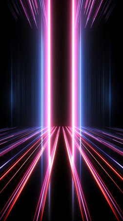 abstract scene with neon lights and rays on dark background 3d illustrationの素材