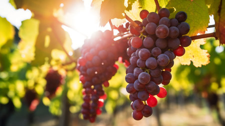Ripe red grapes in vineyard at sunset, close-upの素材