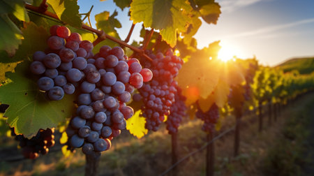Ripe grapes in vineyard at sunset, Tuscany, Italyの素材
