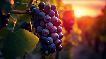 Ripe red wine grapes in vineyard at sunset. Nature backgroundの素材