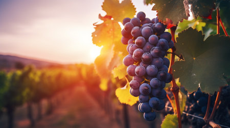 Ripe red wine grapes in vineyard at sunset. Close-up.の素材