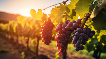 Ripe red grapes in vineyard at sunset. Tuscany, Italyの素材