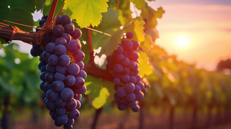 Ripe red wine grapes in vineyard at sunset, close upの素材