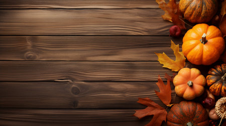 Autumn background with pumpkins, leaves and acorns on wooden boardの素材