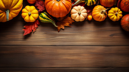 Autumn background with pumpkins and leaves on wooden table. Top view with copy spaceの素材