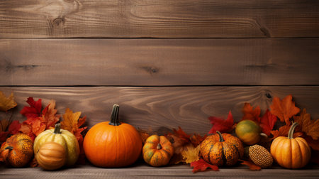 Pumpkins and autumn leaves on wooden background, copy space.の素材