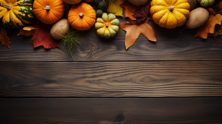 Autumn background with pumpkins and leaves on wooden table. Top view with copy spaceの素材