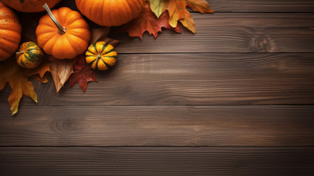 Autumn background with pumpkins, leaves and space for your textの素材