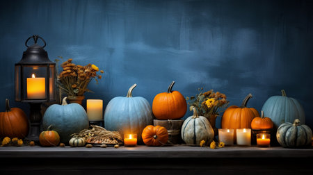 Halloween pumpkins and candles on rustic wooden background. Space for textの素材