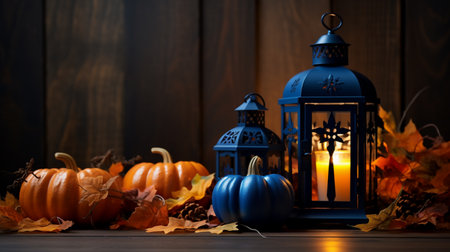 Halloween still life with pumpkins, lantern and autumn leaves on wooden backgroundの素材
