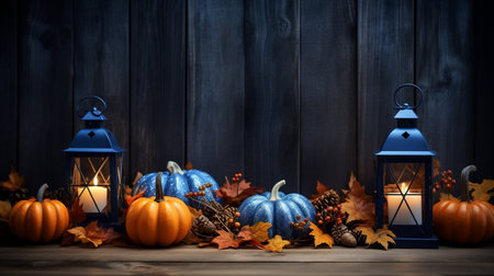 Autumn still life with lanterns and pumpkins on wooden backgroundの素材