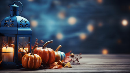 Autumn still life with lanterns and pumpkins on wooden backgroundの素材