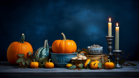 Autumn still life with pumpkins and candles on a wooden tableの素材