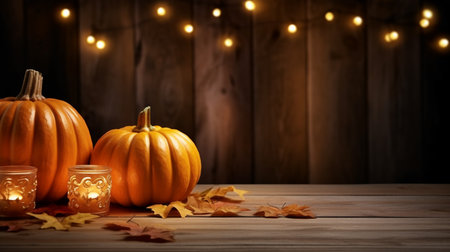 Halloween pumpkins and candles on wooden background with copy space.の素材
