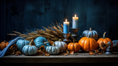 Autumn still life with pumpkins, wheat and candles on wooden backgroundの素材