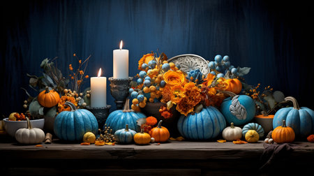 Autumn still life with pumpkins and candles on a wooden backgroundの素材