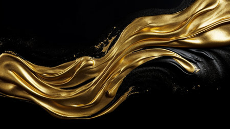 Golden wavy liquid on a black background. 3d rendering, 3d illustration.の素材