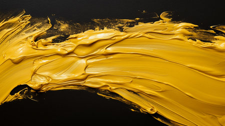 Yellow paint brush strokes on black background. Top view, copy spaceの素材