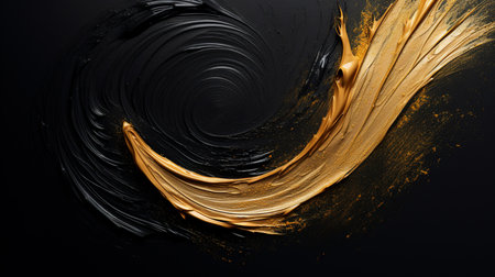 Black and gold paint brush strokes on black background. Abstract art.の素材