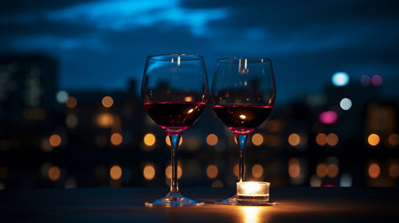 two glasses of red wine on the background of a city at nightの素材