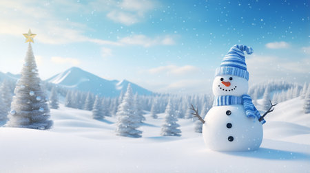 Snowman in the winter forest. 3D illustration. Christmas background.の素材