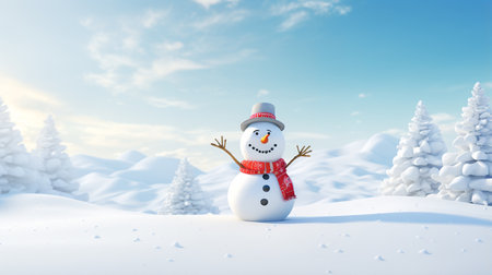 Snowman in the winter forest. 3d render. Christmas background.の素材