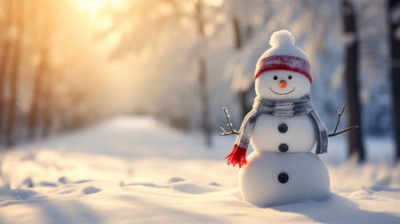 Snowman in winter forest. Christmas and New Year holidays background.の素材