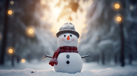 Snowman in winter forest. Christmas and New Year holidays background.の素材