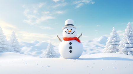 Snowman in snowy landscape with fir trees and blue sky. 3d illustration.の素材