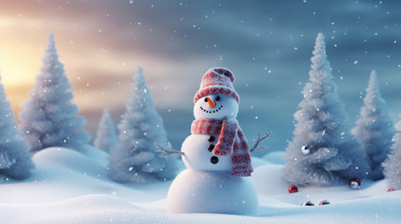 3d render of snowman in winter forest with fir trees.の素材