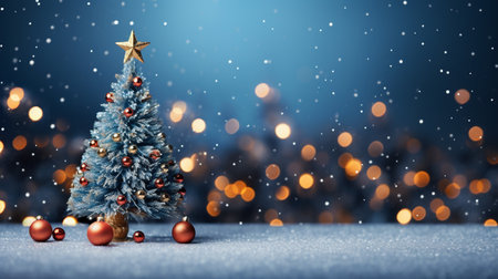 Christmas tree with golden star and baubles on bokeh backgroundの素材