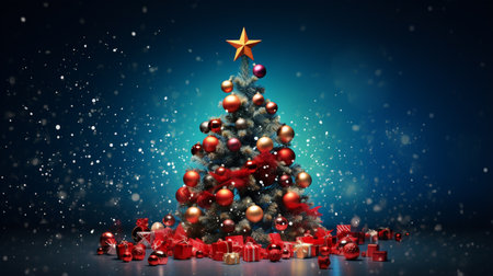 Christmas tree with presents and snowflakes on blue background 3D renderingの素材