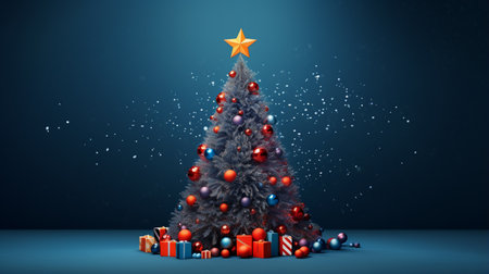 christmas tree with presents and star 3d render on blue backgroundの素材