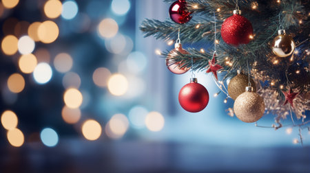 Christmas tree with red and golden baubles on blurred bokeh backgroundの素材