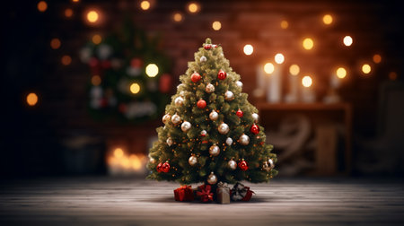 Christmas tree with gifts on the background of a burning fireplace and Christmas decorationsの素材