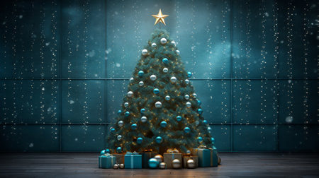 Christmas tree with presents and snowflakes on blue background 3D renderingの素材