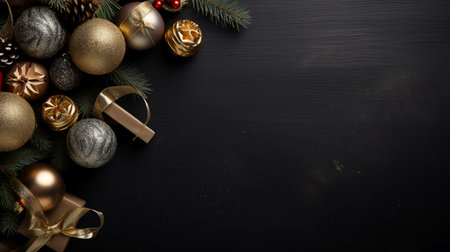 Christmas background. Christmas decoration on black wooden background. Top view with copy space.の素材