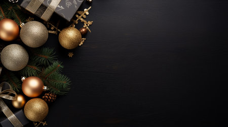 Christmas and New Year background with fir branches, golden balls and gift boxes. Top view with copy space.の素材