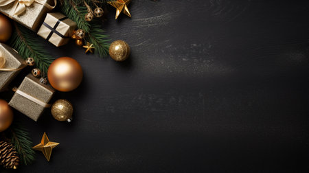 Christmas background. Festive decoration on black wooden background. Top view with copy space.の素材