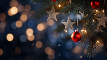 Christmas and New Year background with fir branches, red balls and bokeh.の素材