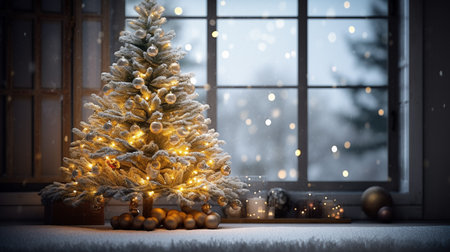 Christmas tree with bokeh lights and snowflakes on window sillの素材